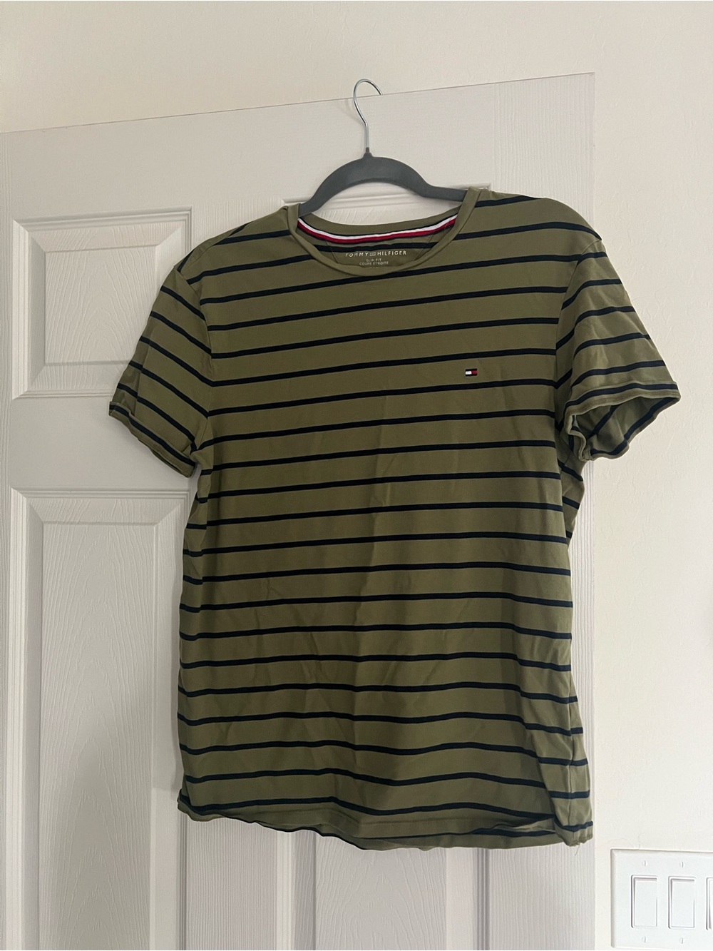 Tommy Hilfiger Olive Green & Navy Striped Crew Neck Tee